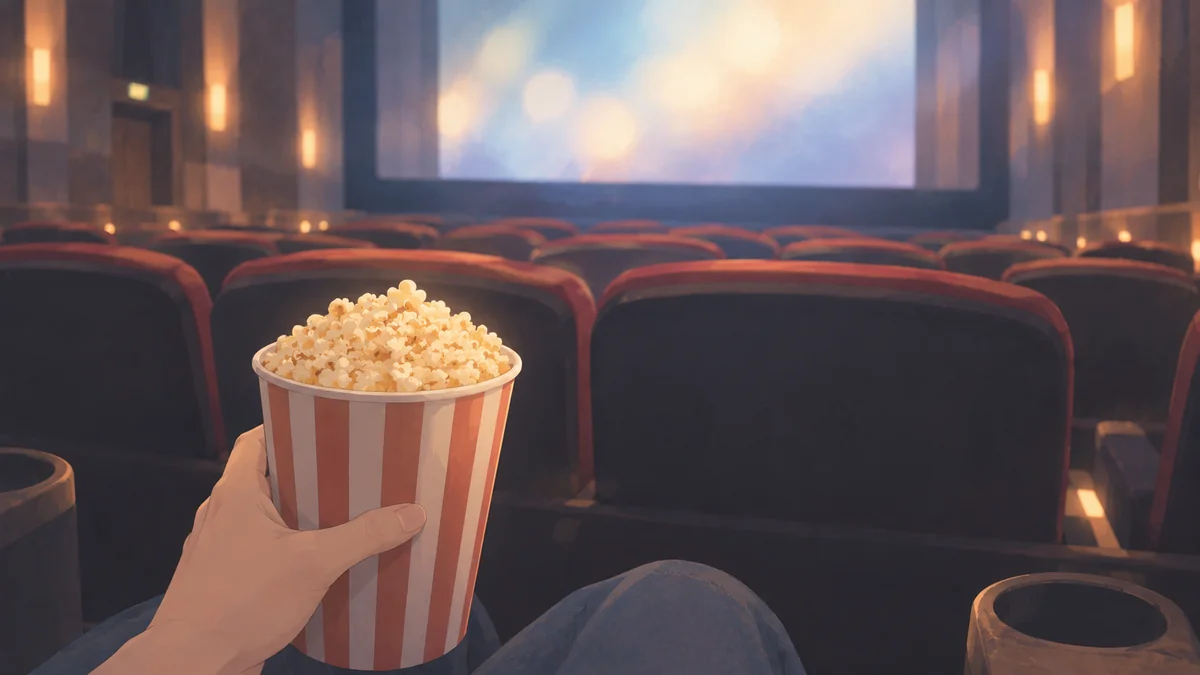 映画館の座席で、ポップコーンのカップを手にしている様子
