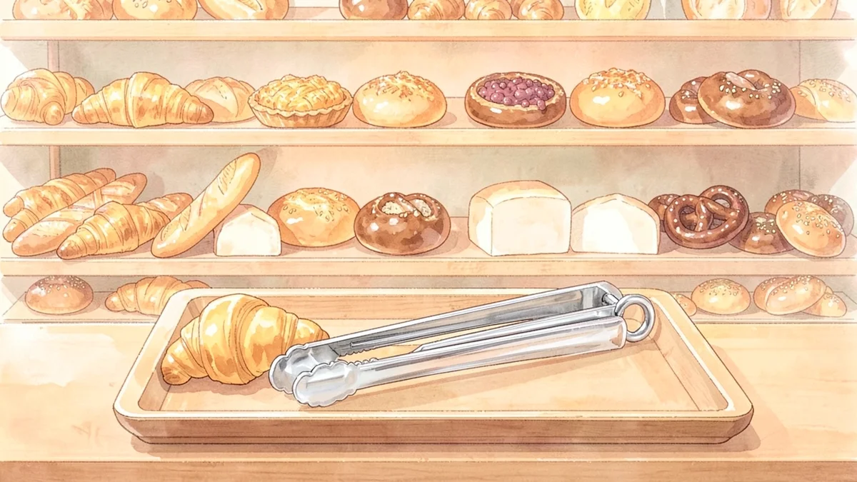 焼きたてのパンが並ぶ棚と、トングを載せたトレー